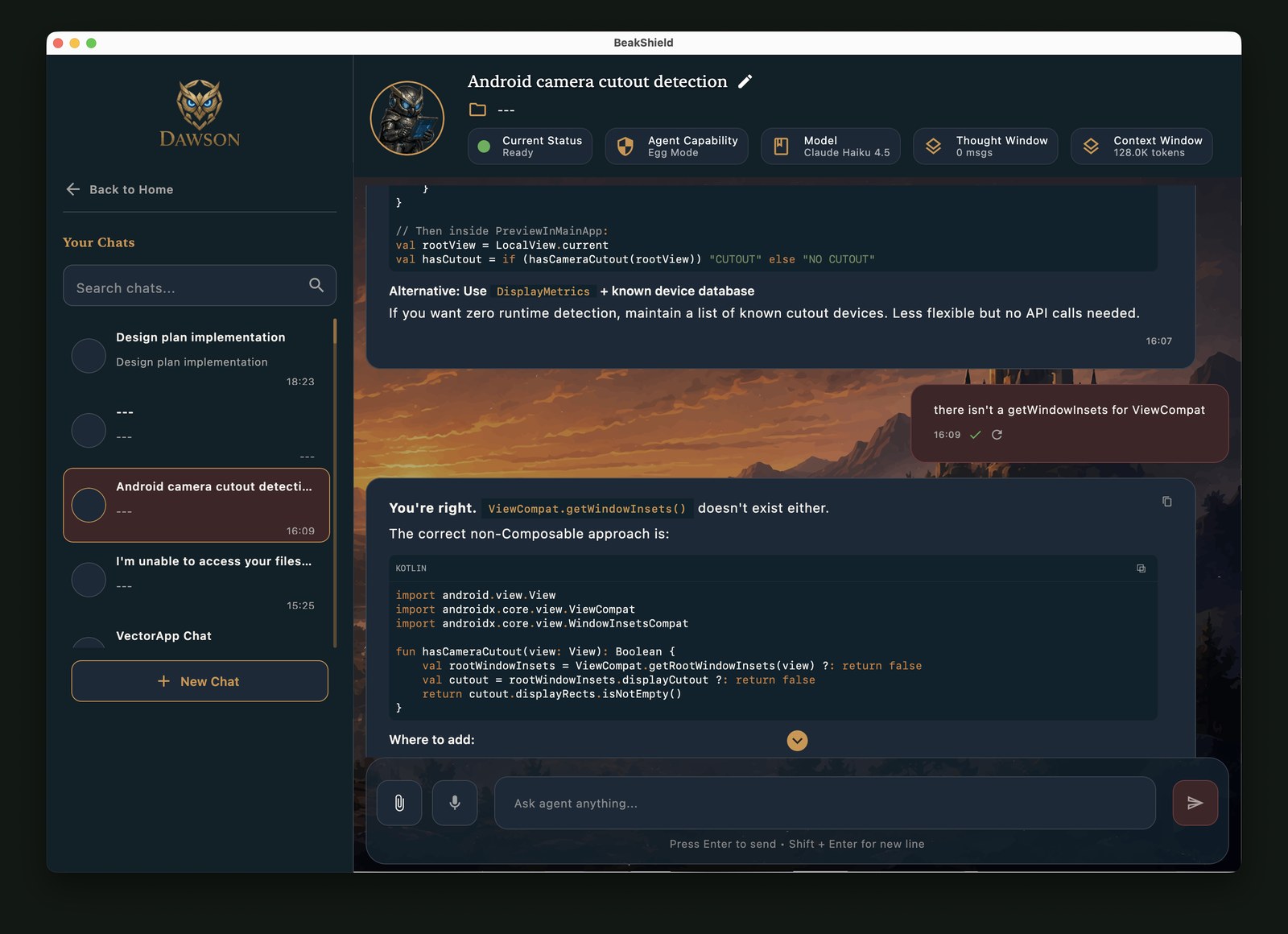 Dawson Beakshield companion app: chat interface with multiple agents